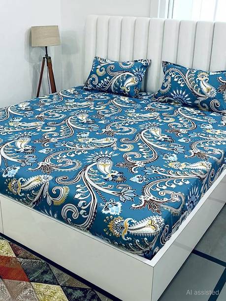 KAPRIDO Cotton Queen Fitted (Elastic) 180 TC Geometric 1 Bedsheet with 2 Pillow Covers