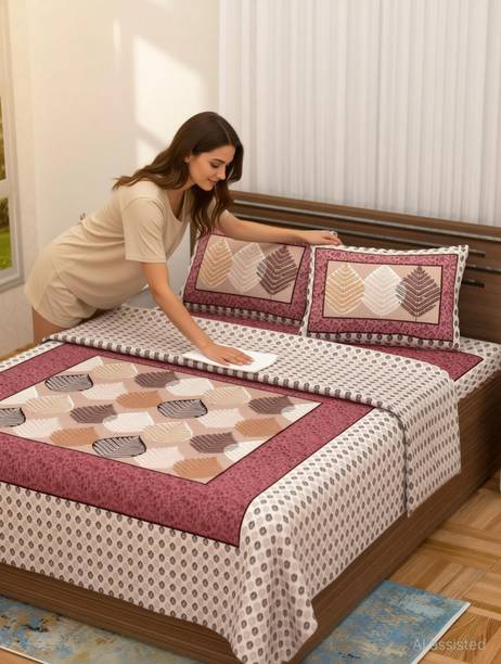 Deepika Imports Cotton Double Flat 250 TC Floral 1 Bedsheet with 2 Pillow Covers
