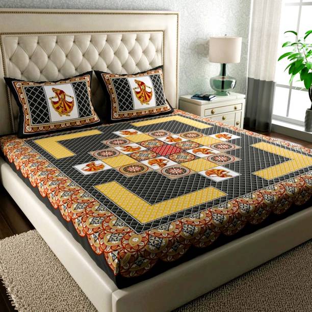BharatLinen 144 TC Cotton Double Jaipuri Prints Flat Bedsheet