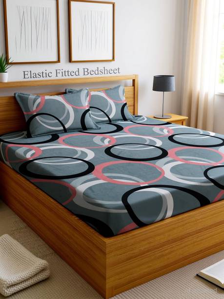 Goodrik Microfiber Double Fitted (Elastic) 210 TC Geometric 1 Bedsheet with 2 Pillow Covers