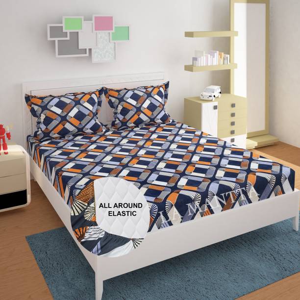LA MANTTA Microfiber Double Fitted (Elastic) 250 TC Geometric 1 Bedsheet with 2 Pillow Covers