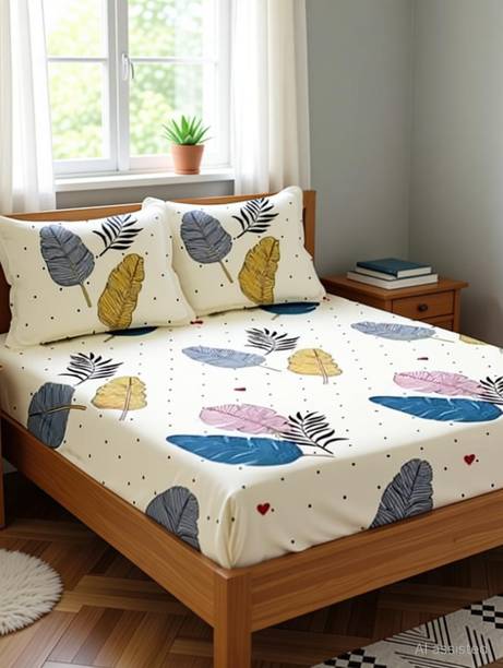 ANIKET Cotton King, Double Fitted (Elastic) 204 TC Printed 1 Bedsheet with 2 Pillow Covers