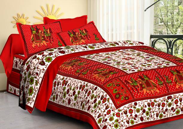 CLOTHSIDE 144 TC Cotton Double Jaipuri Prints Flat Bedsheet