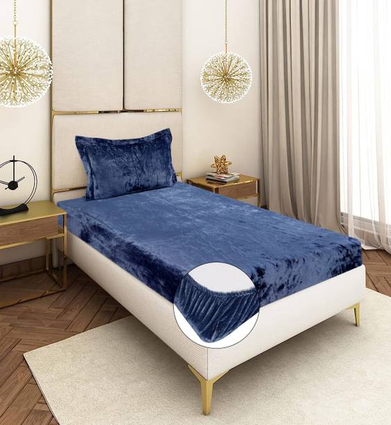 CRAFTEAL Velvet Single Fitted (Elastic) 300 TC Solid 1 Bedsheet with 2 Pillow Covers