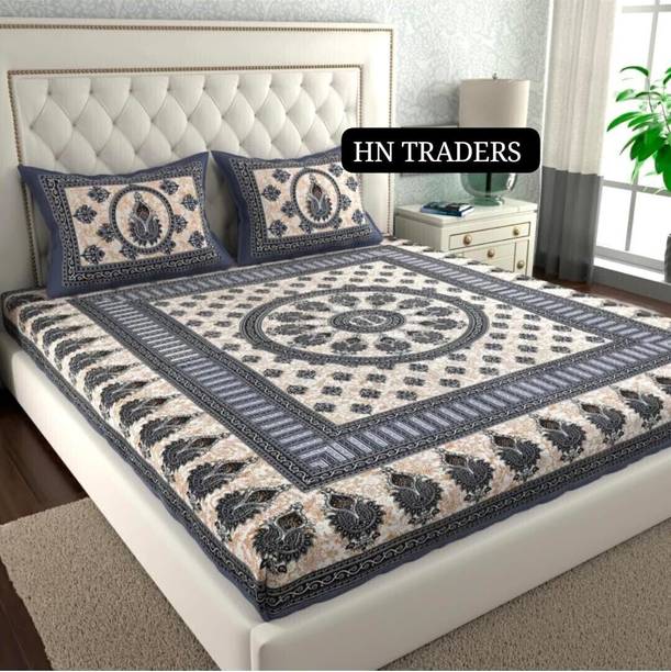 hntraders Cotton Double Flat 144 TC Jaipuri Prints 1 Bedsheet with 2 Pillow Covers