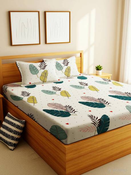 EXFAB Cotton Double Fitted (Elastic) 244 TC Printed 1 Bedsheet with 2 Pillow Covers