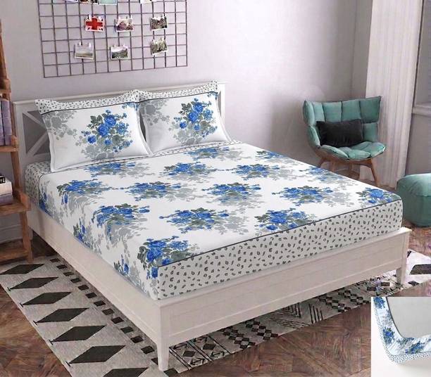 BLUEDOT Microfiber Double Fitted (Elastic) 160 TC Floral 1 Summer Bedsheet with 2 Pillow Covers