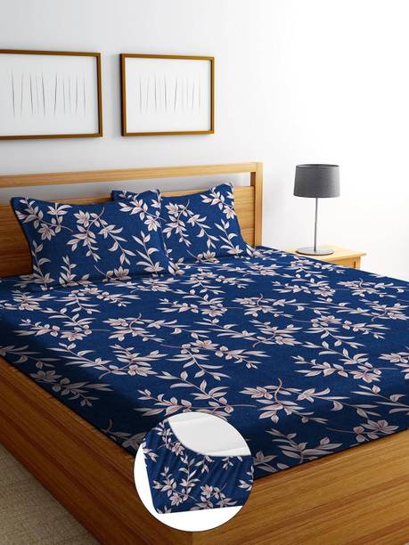 HQ FAB Cotton King Fitted (Elastic) 244 TC Printed 1 Bedsheet with 2 Pillow Covers