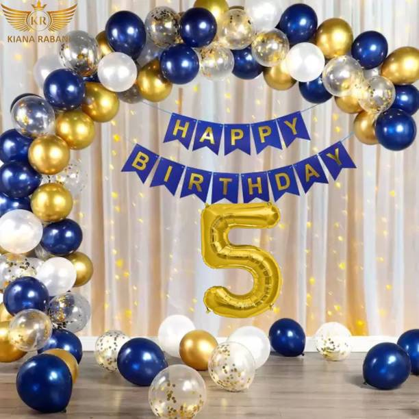 KR 5th Birthday Decoration Kit Blue White Golden Balloon Net Curtain & light