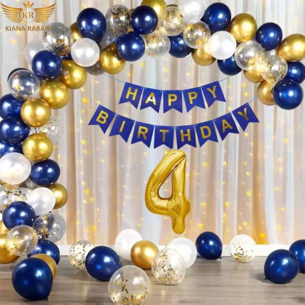 KR 4th Birthday Decoration Kit Blue White Golden Balloon Net Curtain & light