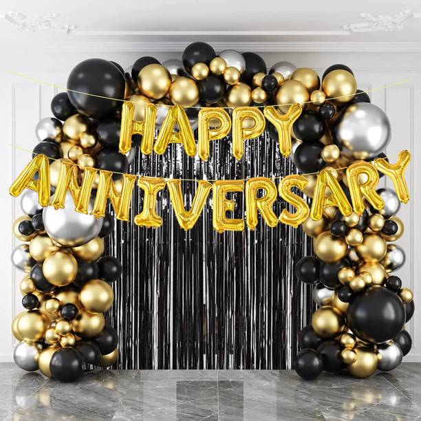 Rozi Decoration Solid Happy Anniversary Decoration Items for Wife, Husband Golden Black Silver Theme Balloon Bouquet