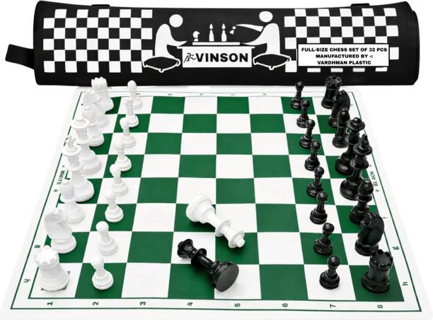 Vinsonsports 17x17 FIDE Tournament Chess Set with Vinyl Roll-up Mat, 32 Pieces,2 Queens & Bag Board Game Accessories