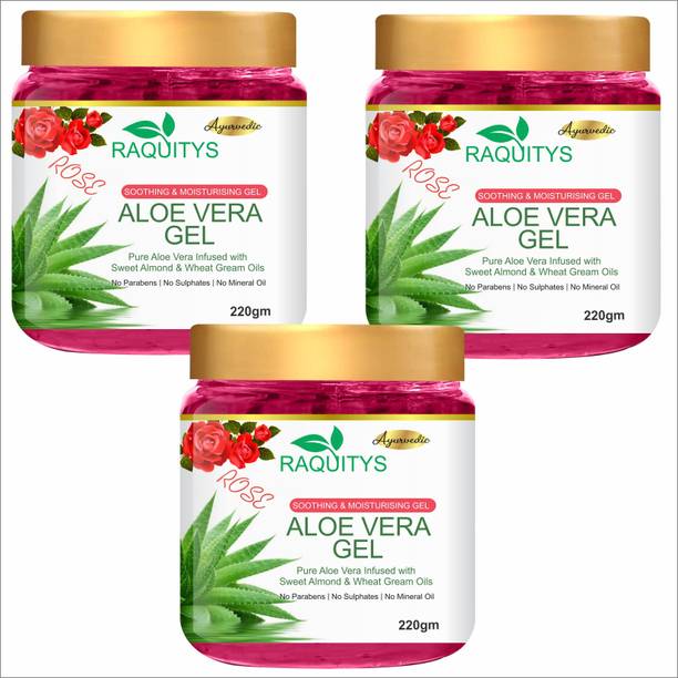 RAQUITYS Organics 100% Pure Rose Aloe Vera Gel for Beautiful Skin & Hair (220 g)