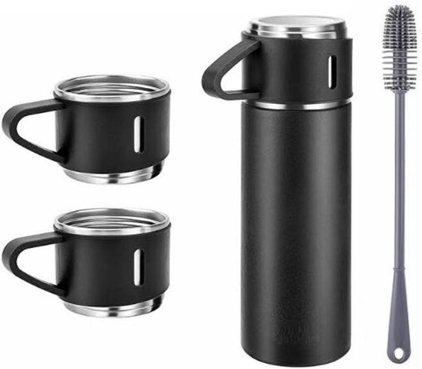 ICONIX Vacuum Flask set 3Cup set for Hot & Cold Drink BPA Free Black with Silicon Brush 500 ml Flask