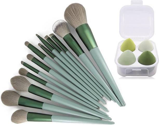 FIRST BEAUTY 13 Pcs Professional Green Makeup Brush Set with 4 Beauty Blender Puff & Pouch