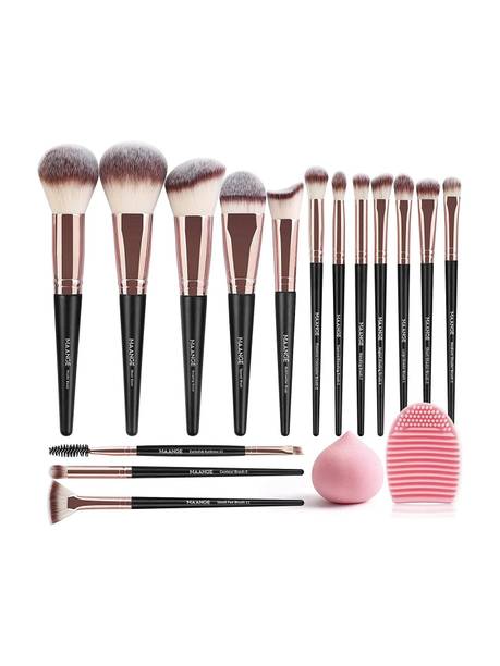 Maange Makeup Brushes set 15 Pcs with 1 Makeup Sponge & 1 Brush Cleaner (Black Gold)