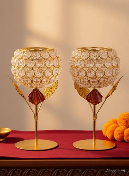 ROYAL MIRZA CREATION Crystal Beaded Golden Metal Tealight Candle Holders Iron, Glass 2 - Cup Candle Holder Set