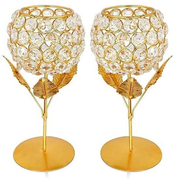 ROYAL MIRZA CREATION Crystal Beaded Golden Metal Tealight Candle Holders Iron, Glass 2 - Cup Candle Holder Set