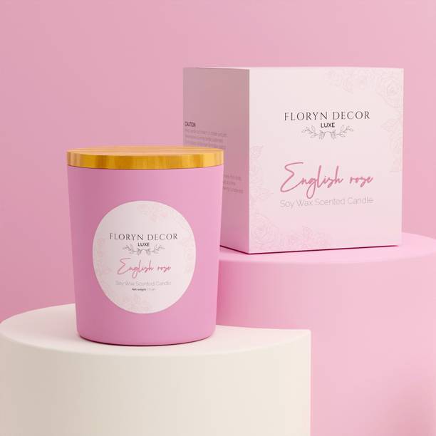 Floryn Decor Luxe English Rose Scented Soy Wax Candle for Home Decor | Pink Jar with Wooden Lid Candle