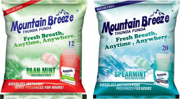 Mountain breeze Sugar-Free Paanmint-Spearmint Combo (18&7 Strips each) Pack of 12&20x2 Paanmint Mouth Freshener