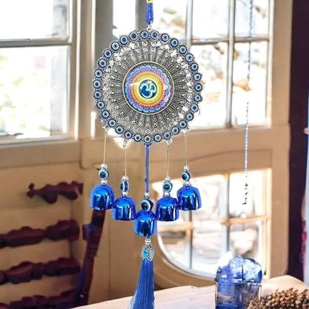 Divine creation 5 Bell Evil Eye Wind Chime with OM Design - Unique Hanging Ornament for Home Decorative Showpiece  -  34 cm