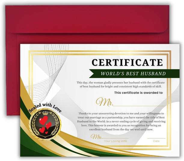 AanyaCentric A4 Size 8.3x11.7inches Best Husband Certificate without Frame Love Greeting Card