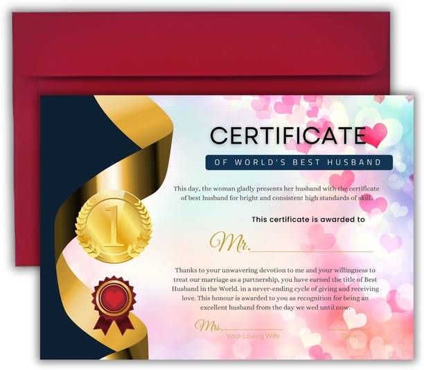 AanyaCentric A4 Size 8.3x11.7inches Best Husband Certificate without Frame Love Greeting Card