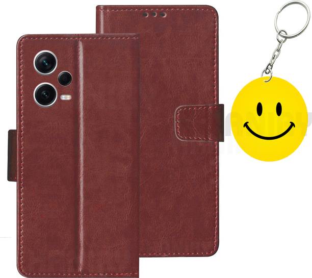 HANIRY Flip Cover for REDMI NOTE 12 PRO 5G flip cover | 22101316C flip cover | Free Smiley Keychain | Brown