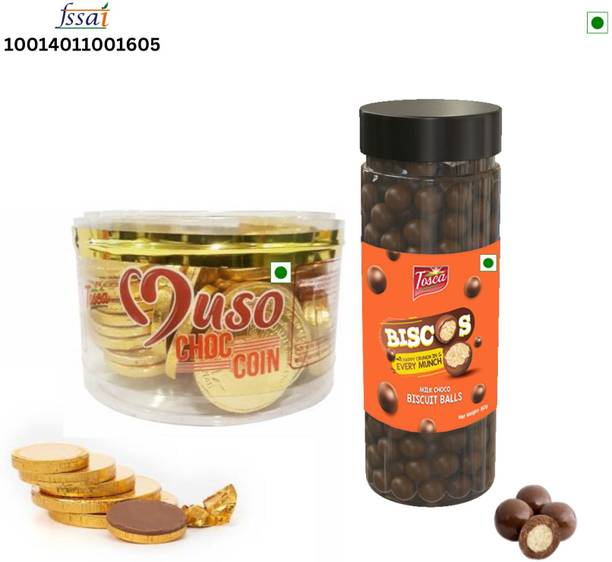 Tosca Chocolate Gift - Muso Choco Coins (60 pcs) & Biscos Choco Biscuit Balls (150 gm) Fudges, Crackles