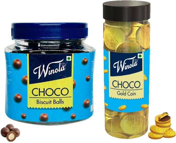 Winola Chocolate Gift Pack - Chocolate Biscuit Balls (250gm) & Chocolate Coins (175 gm) Crackles, Fudges