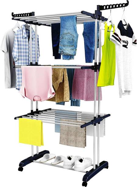 V-MOP Steel Floor Cloth Dryer Stand Stainless Steel Clothes Drying Stand for Balcony & Home (Black)