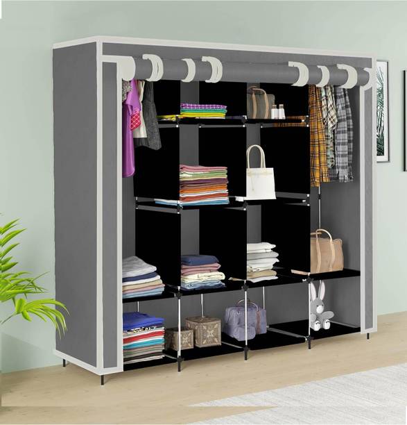 MS MODSTYLE portable Almirah Foldable closet for Clothes 12 Shelves , 1 Side Pocket (88170) PP Collapsible Wardrobe