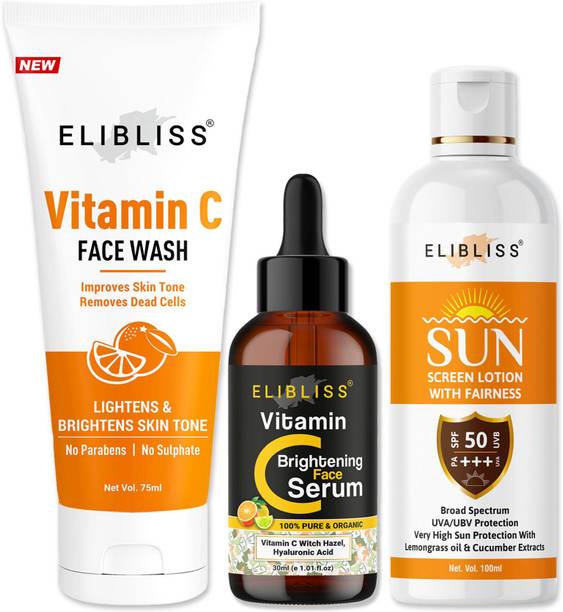 ELIBLISS Vitamin C Combo Face Wash, Face Serum & Sunscreen Lotion for Glow Boosting, Tan Protection