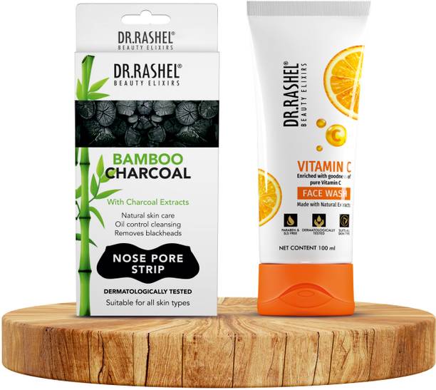 DR.RASHEL Charcoal Nose Strips & Vitamin C Face Wash Combo for Clearer Skin, Blackhead Remover
