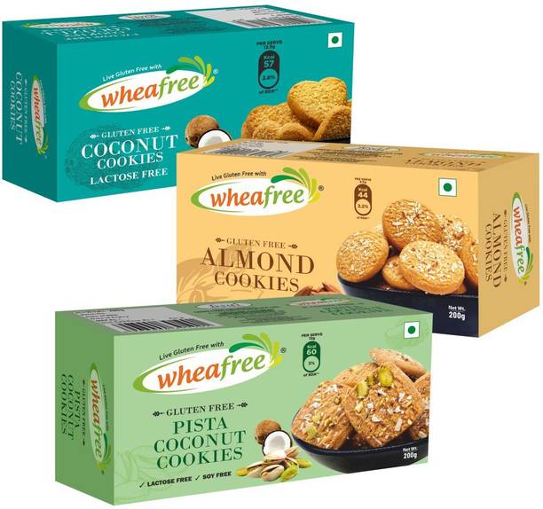wheafree Almond Cookies 200g, Coconut Cookies 200g and Pista Coconut Cookies 200g Gluten Free Combo Pack Cookies Biscuit