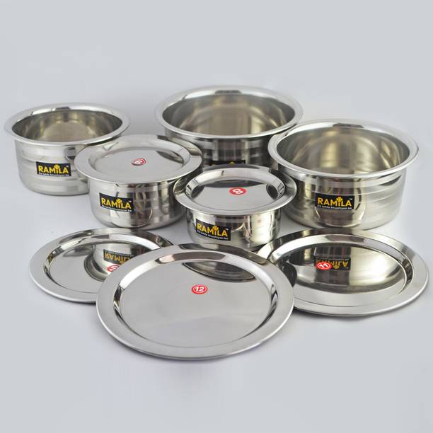 RAMILA Pack of 10 Stainless Steel Dinner Set Patila With Lid,Steel Set Dinner Set