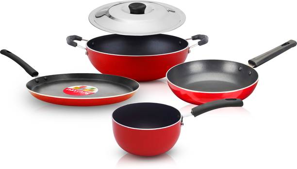 NAVRANG NONSTICK 5PCS COMBO SET TAWA 260+KADAI 220+FRY PAN 220+SAUCE PAN 165+SS LID कुकवेयर सेट
