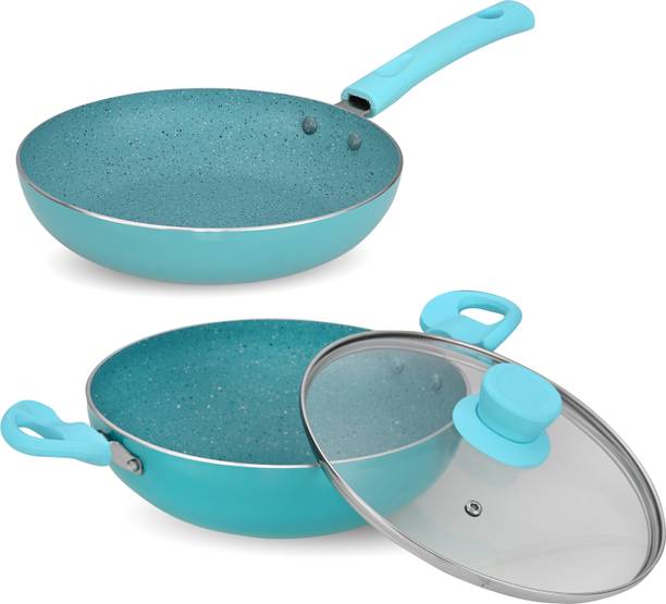 NAVRANG NONSTICK COMBO SET AQUA BLUE SPATTER KADAI 240+FRYPAN240+GLASS LID,NON-INDUCTION कुकवेयर सेट