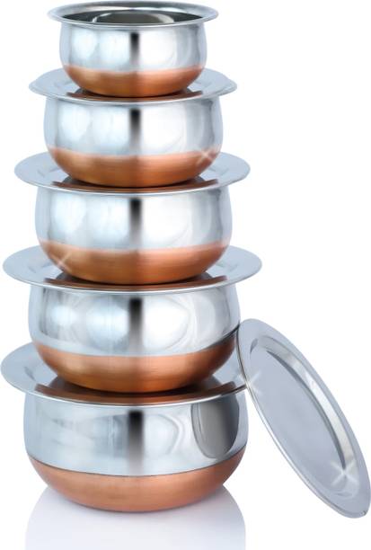 Nirvika Stainless steel Copper handi Set with Lid/Urli pot pan serving bowl dinner Cookware Set