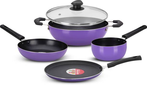 NAVRANG NONSTICK TAWA 260+KADAI 220+FRYPAN 220+SAUCE PAN +GLASS LID,NON-INDUCTION,PURPLE कुकवेयर सेट