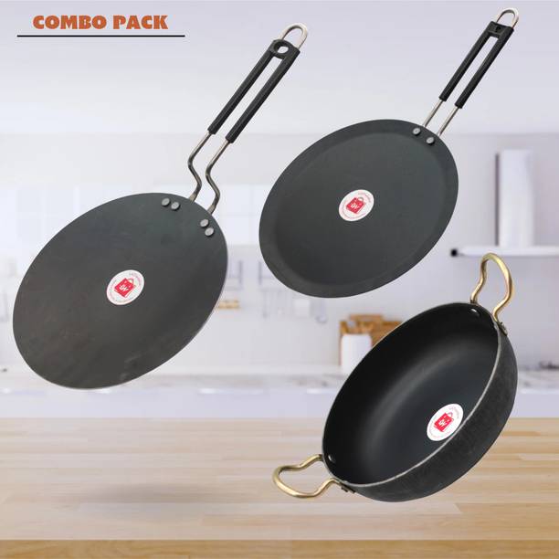 LAZYwindow Traditional Iron Tawa And Deep Bottom Kadhai Induction Bottom Cookware Set