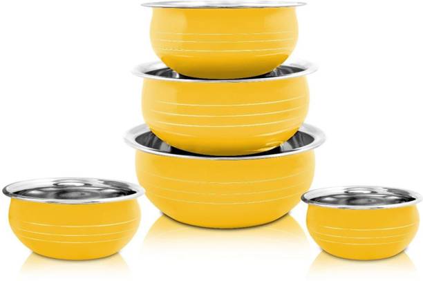 Nirvika Yellow Power Coating Stainless Steel handi, Cooking Serving Dinner Bowl Patila Cookware Set