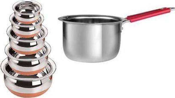 RBGIIT Name Premium Quality Mirror Finish Stainless Steel Deep Vessel /Handi / Cooking Pot For Kitchen. Export Quality Stainless Steel Making The Utensil Highly Durable, Long Lasting & Rust Free. Stainless Steel Copper Bottom Cookware Handi, Cooking Bowl, Serving Biryani Punjabi Pot Pan Combo Handi/Urli Set Biryani Handi Set with Handle and Lid Unique. Handi Set Stainless Steel and Copper Bottom Kitchen Serving and Cooking Bowl Ideal for cooking and serving biryani, rice, gravies and vegetables Stainless Steel Copper Bottom Handi/Pot/Patila Biryani Punjabi Handi Set with Lid Copper Base Stainless Steel Gas Compatible Handi Set with Lid serving Handi/tableware/storage containers/bakeware/ dinner set/ kitchen set steel item for home appliances and kitchen serving cooking combo set with lid/cover/dhakkan/ storage container copper handi /URLI set fruit and salad bowl Cookware set_A5 with sauce pan Induction Bottom Cookware Set