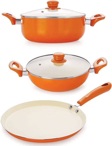 NIRLON Aluminium Casserole, Deep Kadhai and Dosa Tawa with Stylish Handle Induction Bottom Non-Stick Coated Cookware Set