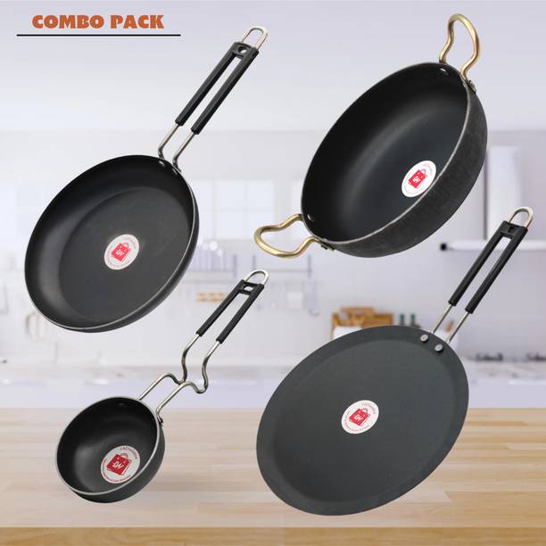 LAZYwindow Traditional Iron Fry Pan / Tadka Pan And Deep Bottom Kadhai Induction Bottom Cookware Set