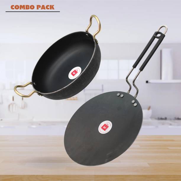 LAZYwindow Traditional Iron Tawa & Deep Bottom Kadhai (Base Black) Induction Bottom Cookware Set