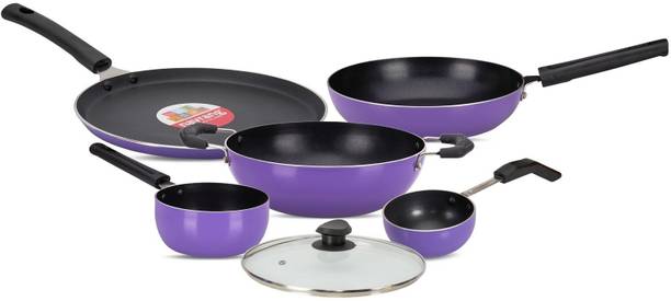 NAVRANG NonStick Combo Set Tawa26+Kadai22+Frypan22+Saucepan16+Tadkapan+GlassLid,Non-IB कुकवेयर सेट