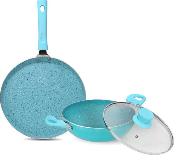 NAVRANG NONSTICK COMBO SET BLUE SPATTER DOSA TAWA 260+KADAI 240+GLASS LID,NON-IB कुकवेयर सेट
