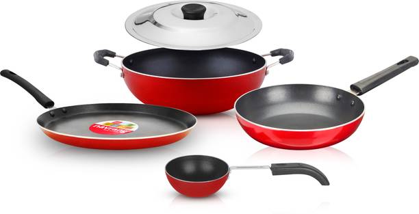 NAVRANG Nonstick 5 Pc Cookware Set Tawa 260+Kadai 220+Frypan 220+Tadka Pan+ SS Lid,RED Non-Stick Coated Cookware Set