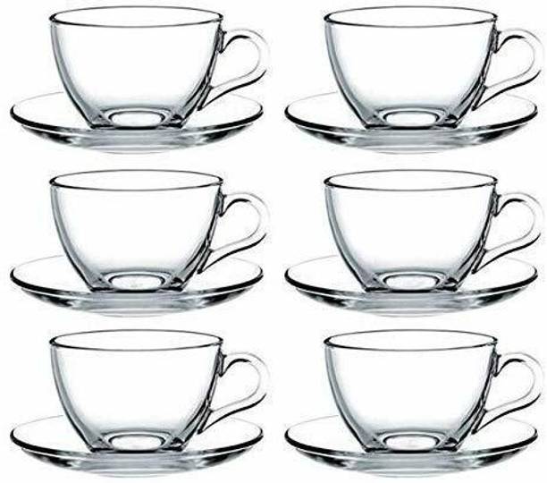 MOBHADA Pack of 6 Glass Transparent Cup& Saucer Set for Tea, Coffee, Green Tea & More